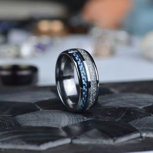 Men's 8mm Tungsten Blue Meteorite Inspired Inlay Comfort-Fit Wedding Band